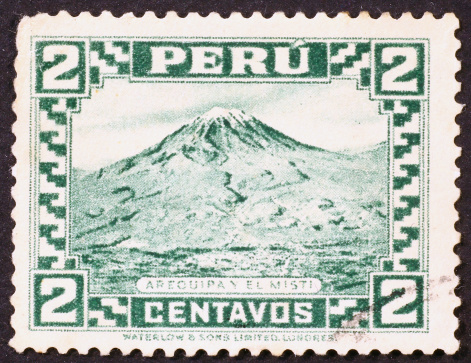 Old stamp showing the town of Arequipa dominated by volcan El Misti