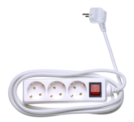 white extension cord with three plugs isolated on white