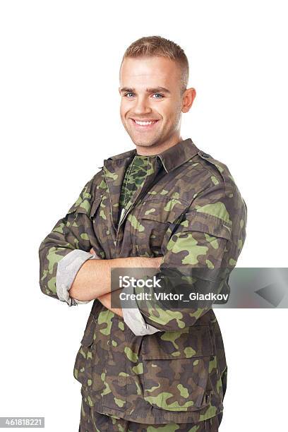 Smiling Army Soldier With His Arms Crossed Stock Photo - Download Image Now - Camouflage Clothing, Cut Out, Men