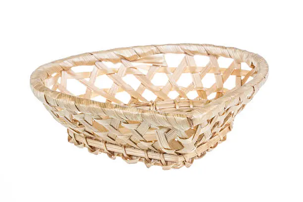 Wickerwork empty yellow breadbasket on white background