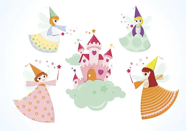 Vector illustration of Fairies around castle