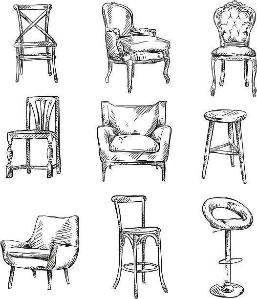 illustrations, cliparts, dessins animés et icônes de ensemble de chaises réalisées à la main - fauteuil