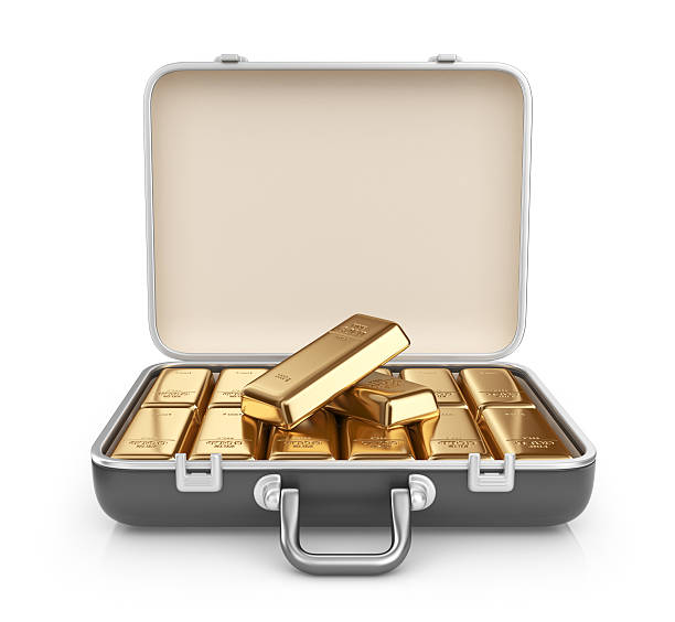 Briefcase full of gold bars. 3D Icon isolated stock photo