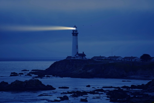 Lighthouse in California. Pigeon Point Lighthouse, CA, USA.  Pacific Ocean Cost Landscape. Lighthouse at Night.