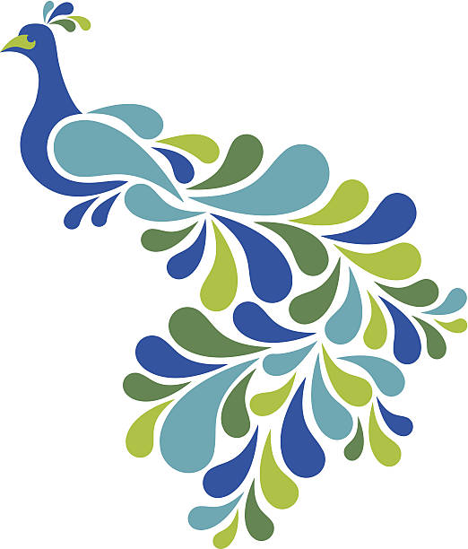 Abstract Peacock Retro style illustration of a peacock in blues and greens.  Zip folder contains AI8 .eps, 4250x5000px .jpeg, CS2.ai and.pdf files. peacock stock illustrations