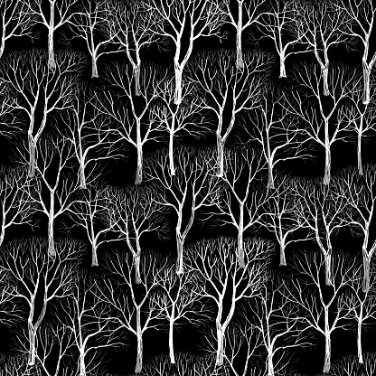 Winter background. Branches isolated on black seamless pattern. Plant seamless texture. Forest seamless background. Hand drawn vector illustration.