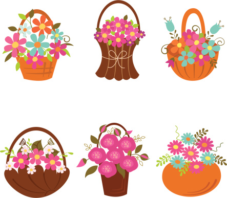 Set of baskets of flowers isolated over white