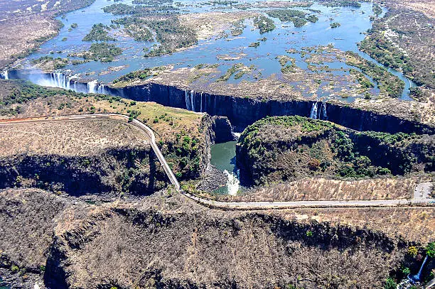 The Victoria Falls from air in Zimbabwe.