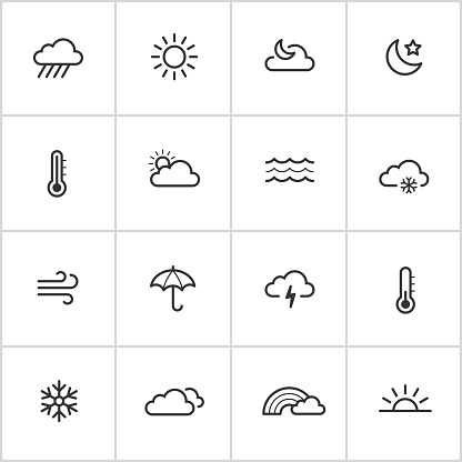Simple vector icon set representing weather phenomena and concepts.