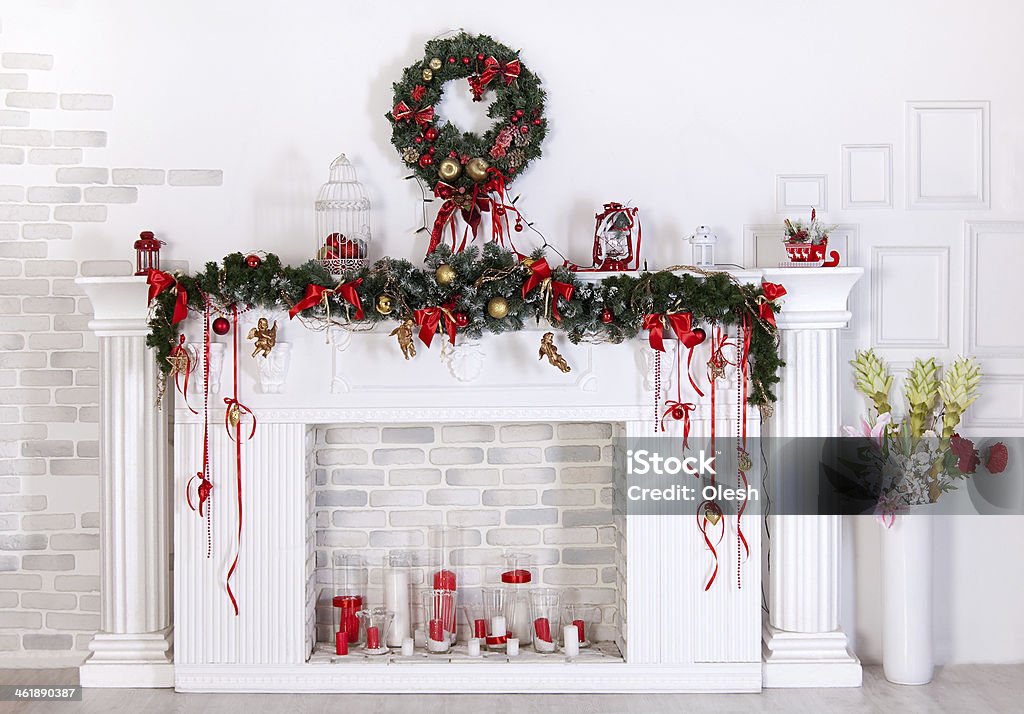 Christmas decoration with fireplace Christmas decoration with fireplace in the room Fireplace Stock Photo