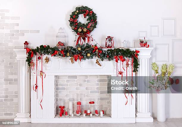 Christmas Decoration With Fireplace Stock Photo - Download Image Now - Fireplace, Christmas, Backgrounds