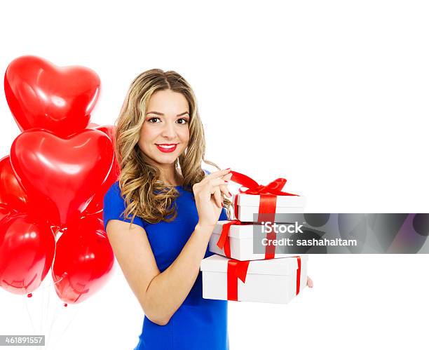 Happy Beautiful Woman With Gift Boxes Stock Photo - Download Image Now - Adult, Adults Only, Affectionate