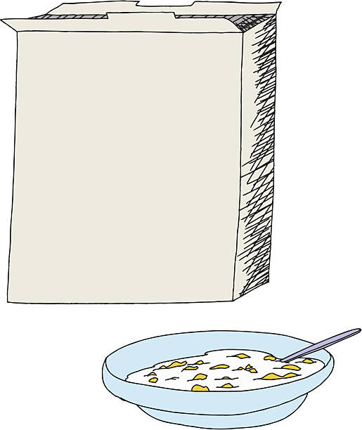 Open Cereal Box and Bowl Open cereal box with bowl of corn flakes over white blank cereal box clip art stock illustrations