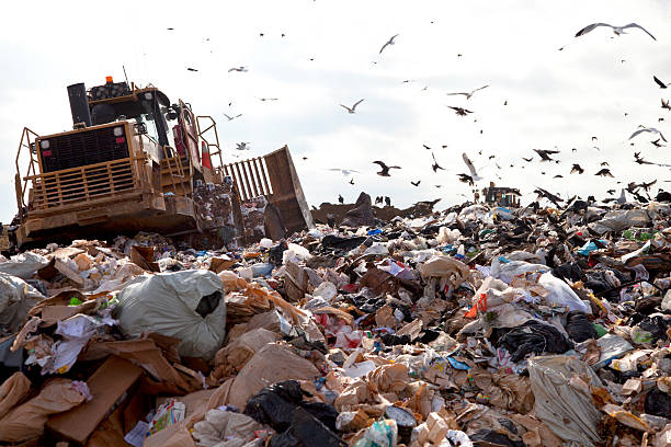 Landfill truck in trash stock photo