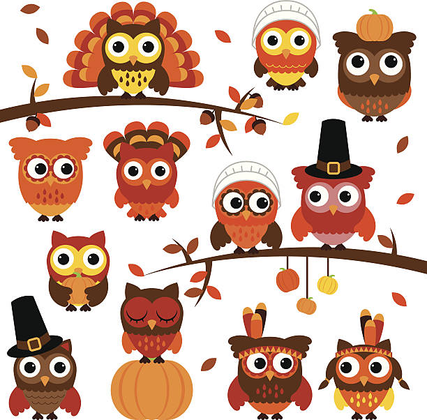 ilustraciones, imágenes clip art, dibujos animados e iconos de stock de celebración del día de acción de gracias y otoño vector con búho collection con bifurcaciones - autumn collection