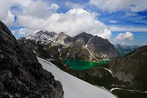 The mountain Schesaplana and the Mountain lake Lünersee with snow in the spring.