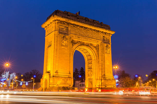 Evening view, the Arc of Triumph in Bucharest Romania