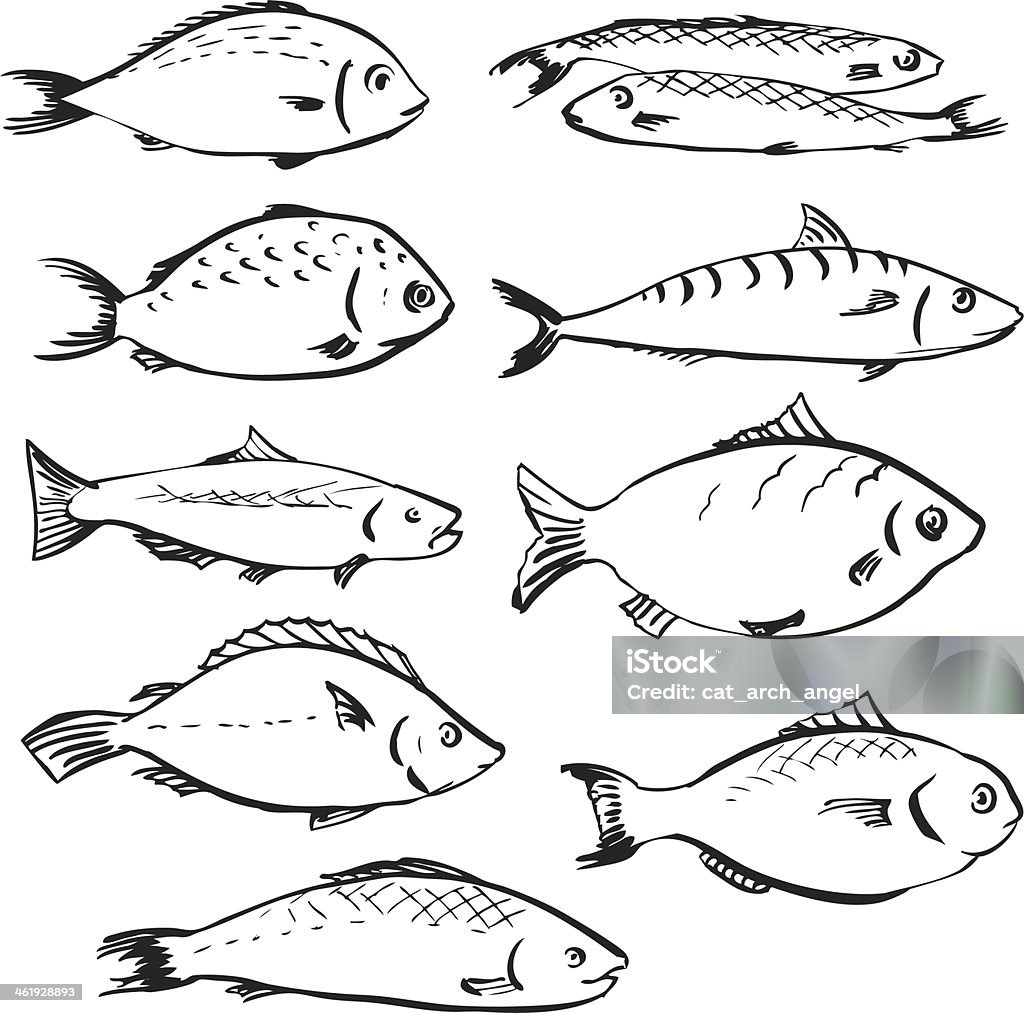 Набор линейных рисунок fishes - Векторная графика Аквариум роялти-фри