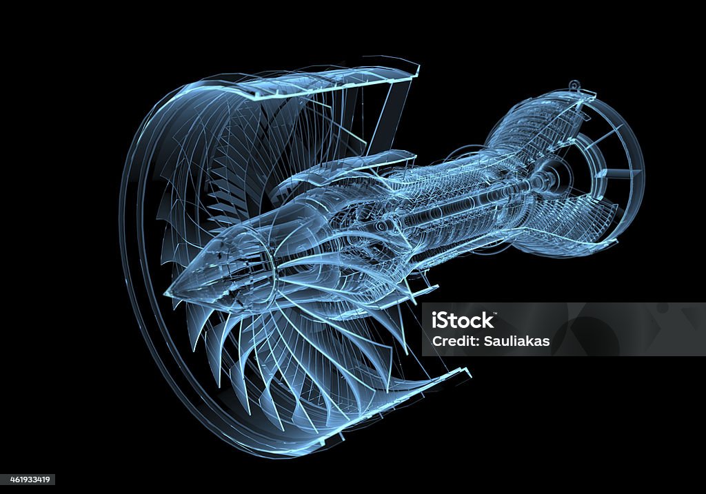 Jet engine turbine (3D xray blue transparent) Aerospace Industry Stock Photo