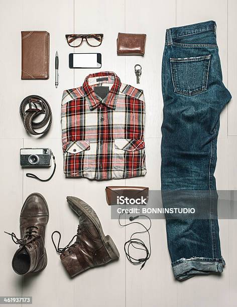Overhead Of Essentials Modern Man Stock Photo - Download Image Now - Fashion, Adult, Belt