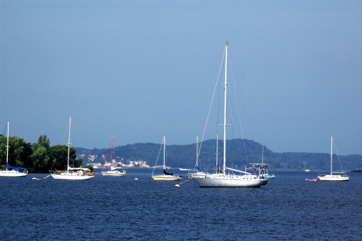 Many moored boats near shore near Muskegon, Michigan