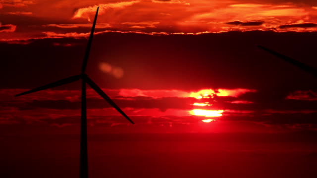 3 wind mills against red sunset - HD