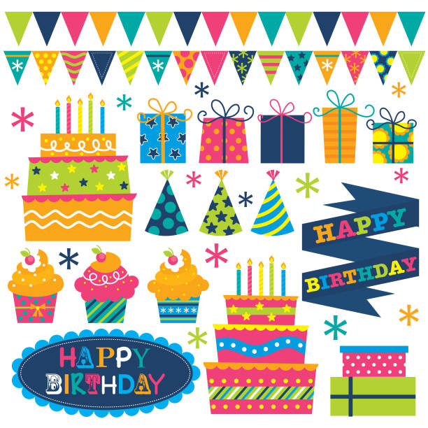 birthday cute stuff a set of cute vector birthday illustration designs. EPS 10 and hi-res jpg included party hat stock illustrations