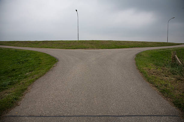 Lonely crossing of grass-surrounded roads, leading up to a Dutch dike, forming a desolated three-forked-road with two street lamps on the dike in the background.