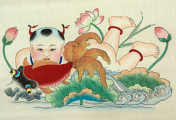 The traditional chinese peasant painting showing happiness and rich.