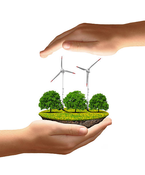 istock Little island with wind turbines and trees in the hands 461962857
