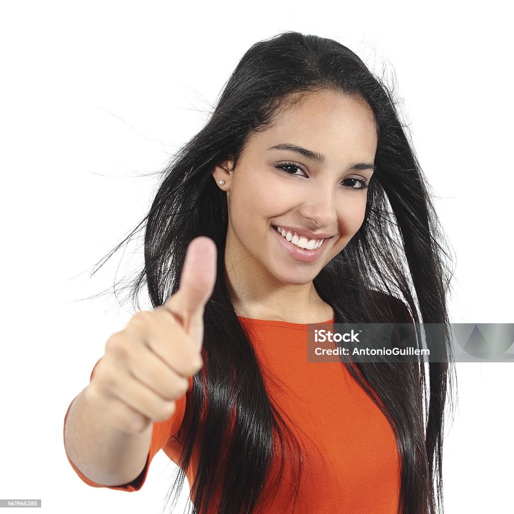 Woman with perfect white smile and thumb up Beautiful woman with perfect white smile with thumb up isolated on a white background Adolescence Stock Photo