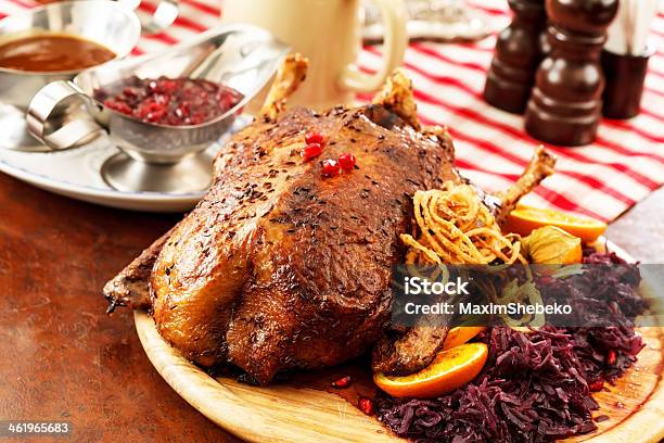 Roasted Duck On Christmas Table Stock Photo - Download Image Now - Duck Meat, Apple - Fruit, Beer - Alcohol