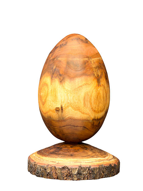 Wooden egg made of acacia tree with bark isolated on white background. I made this egg myself by means of woodturning, a technique where the wood turns round in a machine and with chisels I made the round shape. Some of the tree trunk is left, the bark. 