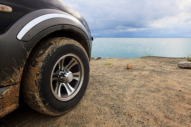 istock Muddy SUV car tire with gloomy sky 461972821