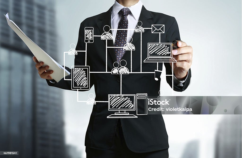 drawing social network structure Business man drawing social network structure Advice Stock Photo