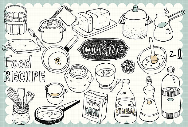 Hand drawn recipe set 01 Vintage recipe illustration with cooking and food related words in hand drawn style  cooking drawings stock illustrations