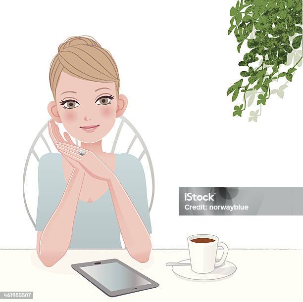 Piękna Kobieta Z Komputera Typu Tablet W Kawiarni - Stockowe grafiki wektorowe i więcej obrazów Kawa - napój - Kawa - napój, Kawiarnia, Azjaci