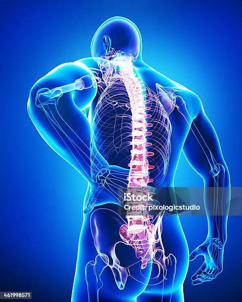 Male Back Pain Anatomy In Black Stock Photo - Download Image Now - Anatomy, Spine - Body Part, Adult