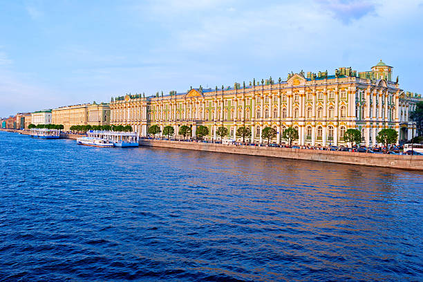 Hermitage Museum in Winter Palace, former Residence of Russian Emperor, and Neva  Embankment at Sunset, Saint Petersburg