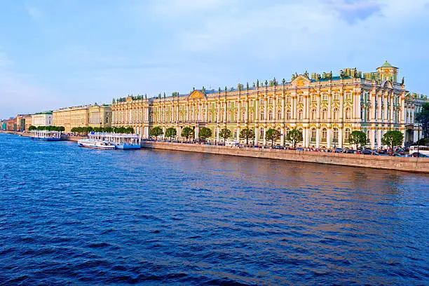 Hermitage Museum in Winter Palace, former Residence of Russian Emperor, and Neva  Embankment at Sunset, Saint Petersburg
