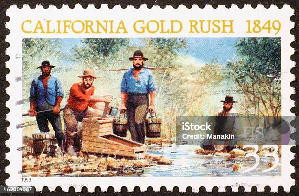 California Gold Rush On A Stamp Stock Photo - Download Image Now - Gold - Metal, California, California Gold Rush