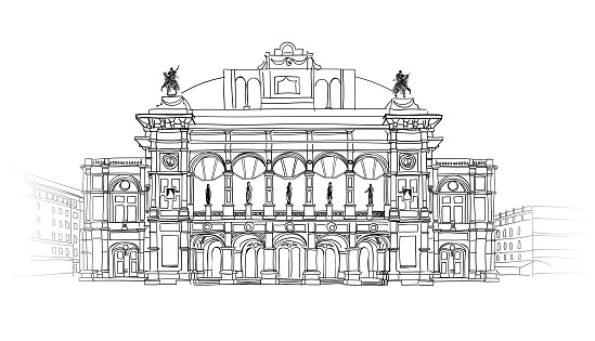 European famous building. Vienna landmark. Theater Wiener Staatsoper. Vector Hand-drawn Sketching Illustration.