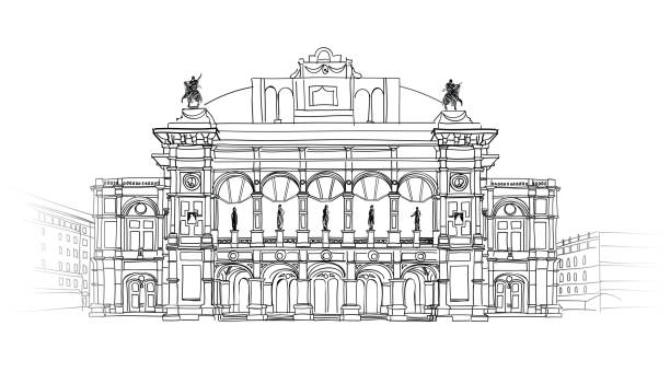 Vienna State Opera House, Austria. European famous building. Vienna landmark. Theater Wiener Staatsoper. Vector Hand-drawn Sketching Illustration. theatre building stock illustrations