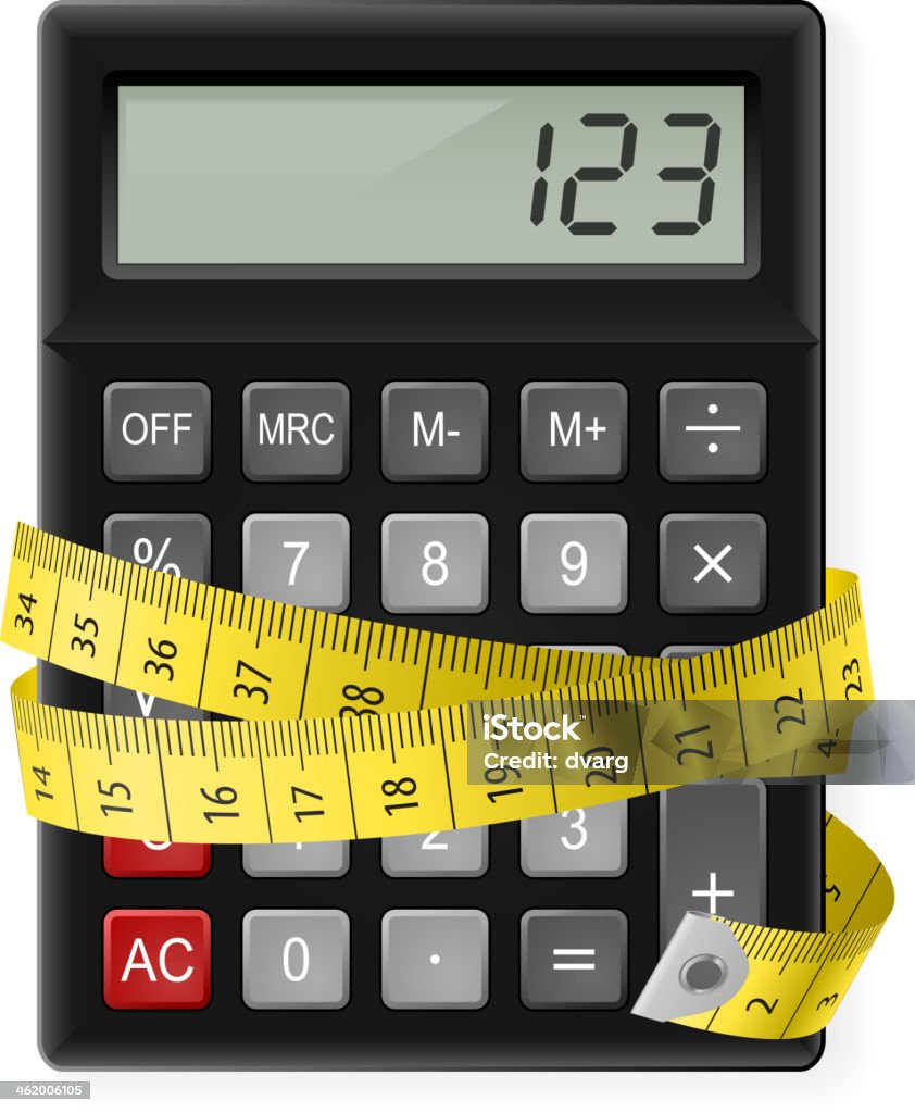 Calories counting. Black calculator with measuring tape as symbol of counting calories. Balance stock vector