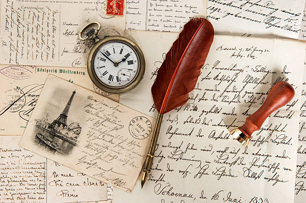 istock old letters, french post cards, antique feather pen 462011327