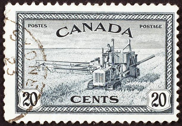 istock Vintage canadian stamp showing a machine harvesting wheat 462030869