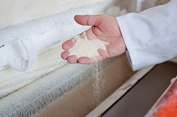 Hand scooping up mill and letting it fall back close up of the hand with ground flour of  wheat with Industrial mill in back ground grinding stock pictures, royalty-free photos & images
