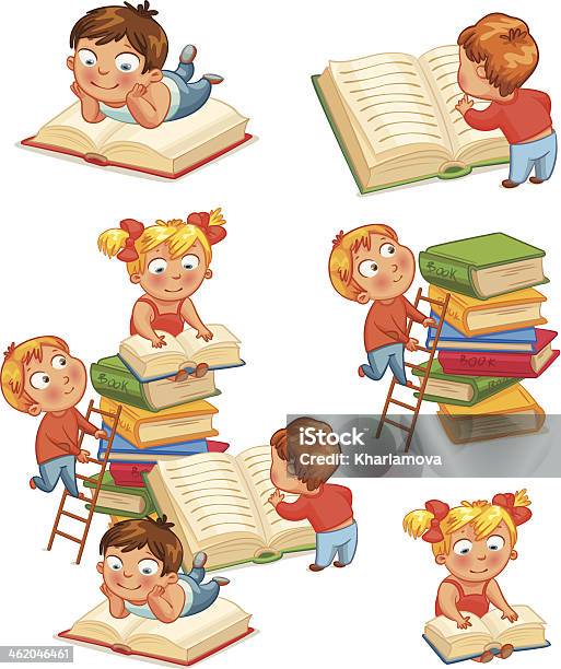 Children Reading Books In The Library Stock Illustration - Download Image Now - Book, Boys, Child