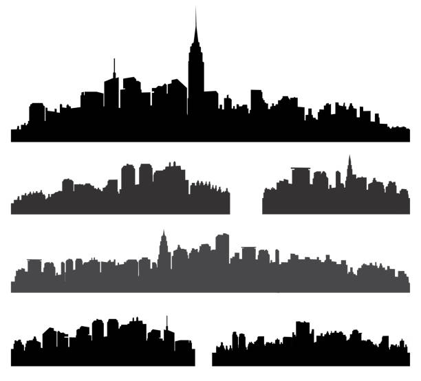 City silhouette vector set. Panorama city background. Skyline urban border collection. construction buildings silhouette stock illustrations