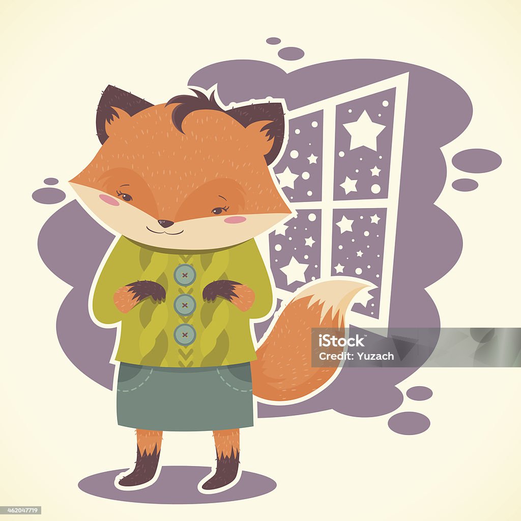 Cartoon fox in front of a window Cute cartoon fox in warm clothes standing in front of a window Animal stock vector
